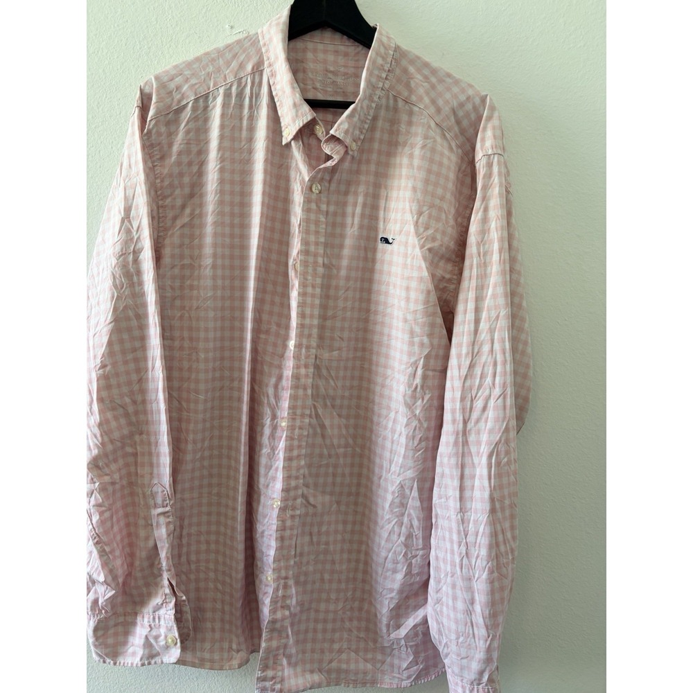 Vineyard Vines Men's XL Pink Gingham Performance Classic Fit Whale Shirt Golf